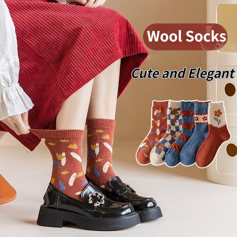 FORJMMP 5/10 Pairs Wool Socks for Women Thick Knit Vintage Cute Floral Crew Socks - Image 2